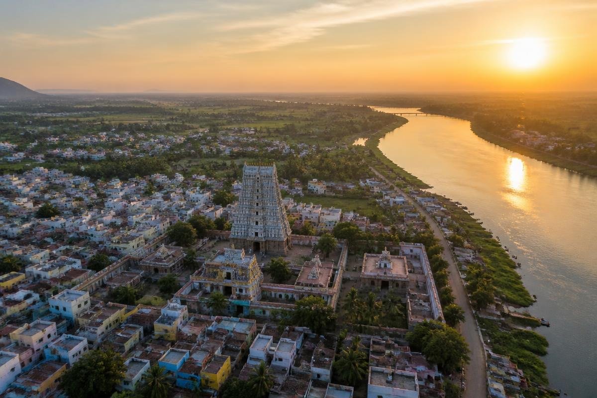 Aerial view of a South Indian town, temple and river at golden hour